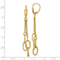 Two gold dangle earrings with leverback closures, featuring textured chain strands with small loop connectors at the ends, displayed against a measurement scale.