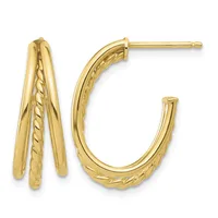 A pair of gold hoop earrings with textured and polished surfaces, displayed on a white background showing front and side views.