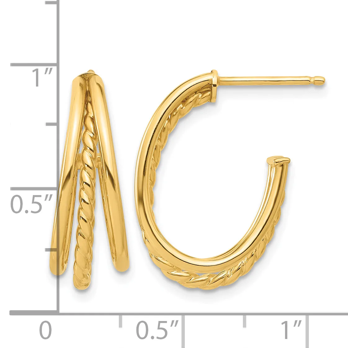 Pair of gold hoop earrings with textured and polished surfaces, shown next to a ruler measuring approximately one inch in length.
