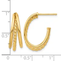 Pair of gold hoop earrings with textured and polished surfaces, shown next to a ruler measuring approximately one inch in length.
