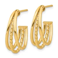 A pair of gold hoop earrings with polished and twisted textured surfaces, shown from the front against a white background.
