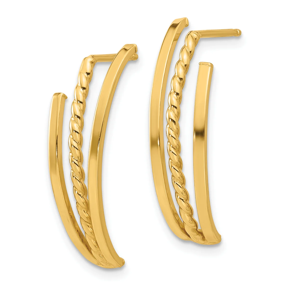 Pair of gold hoop earrings with polished and twisted textured surfaces, shown from the front against a white background.