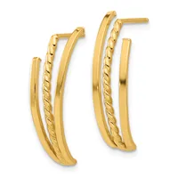 Pair of gold hoop earrings with polished and twisted textured surfaces, shown from the front against a white background.