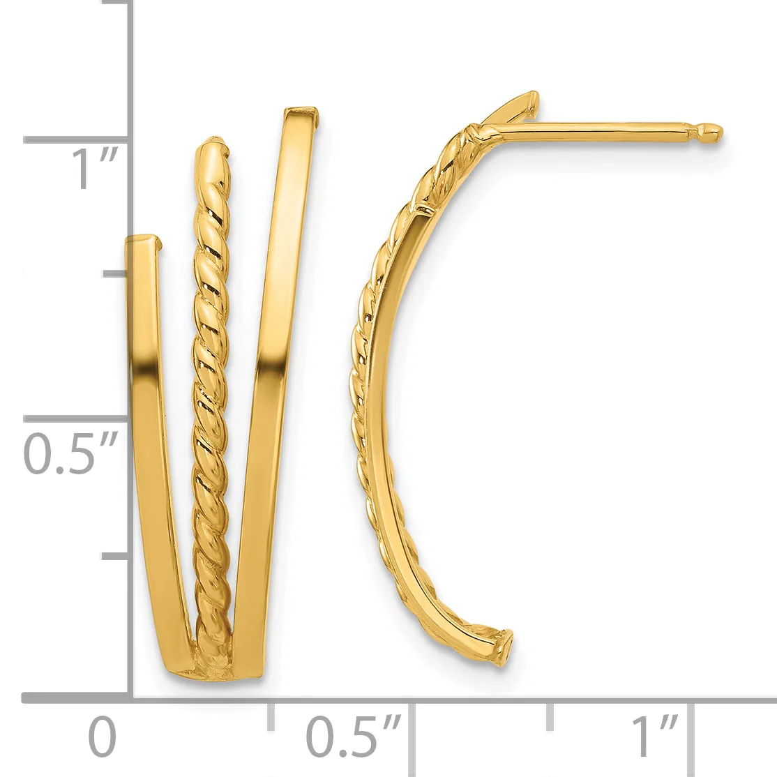 Two gold hoop earrings with a twisted center bar between two smooth bars, displayed against a ruler showing measurements up to one inch.