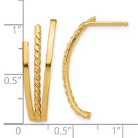 Two gold hoop earrings with a twisted center bar between two smooth bars, displayed against a ruler showing measurements up to one inch.