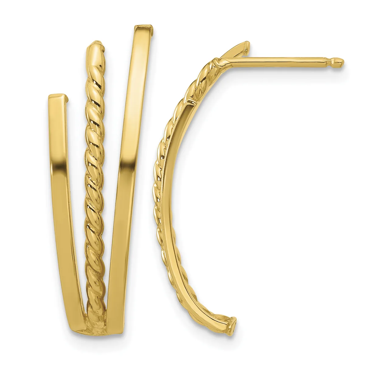 Two pairs of gold earrings displayed side by side: on the left, a pair of polished flat rectangular hoops with a twisted center band, and on the right, a pair of curved textured hoop earrings with a post back.