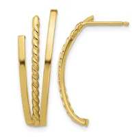 Two pairs of gold earrings displayed side by side: on the left, a pair of polished flat rectangular hoops with a twisted center band, and on the right, a pair of curved textured hoop earrings with a post back.