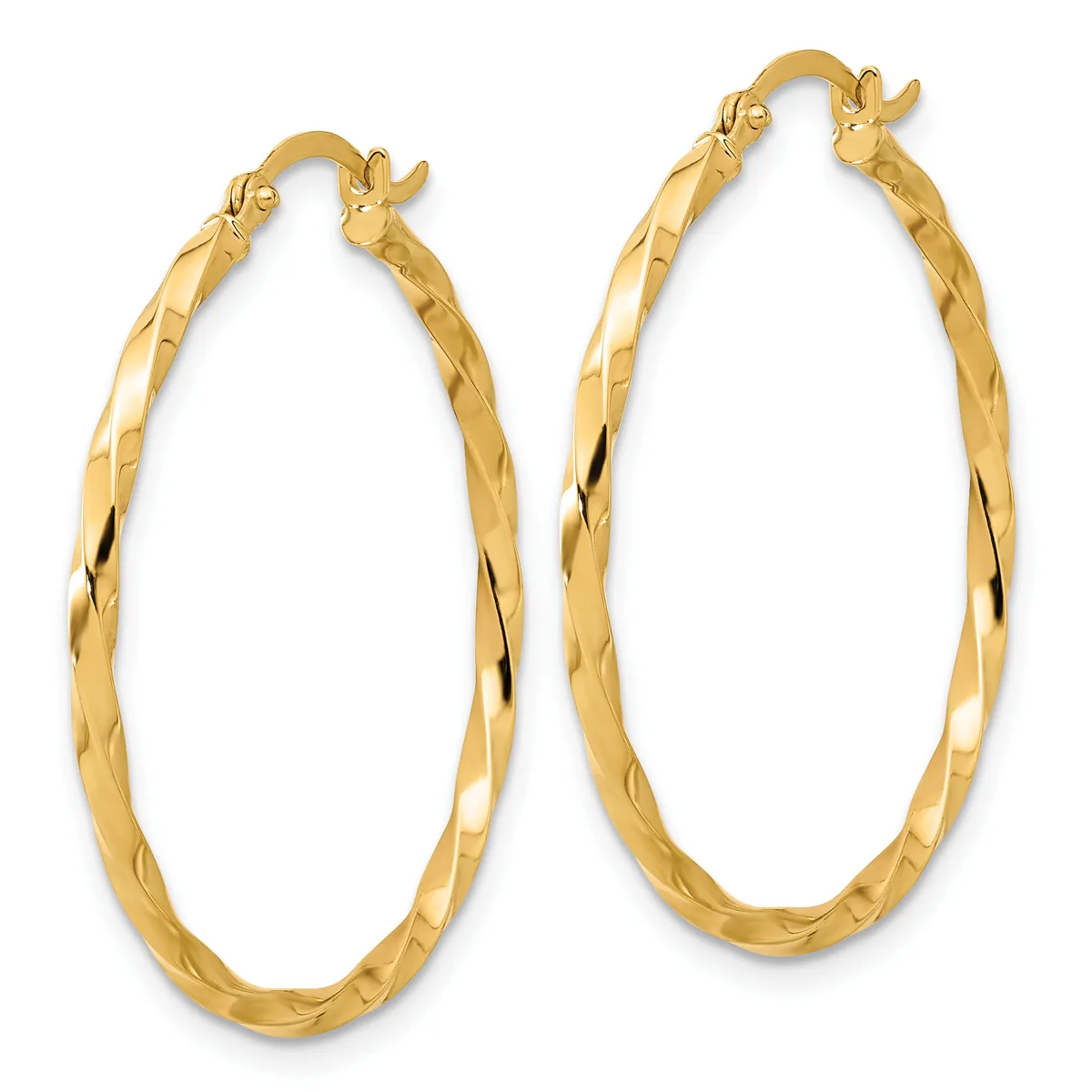 A pair of gold twisted hoop earrings with textured surfaces and hinged closures, displayed against a white background.