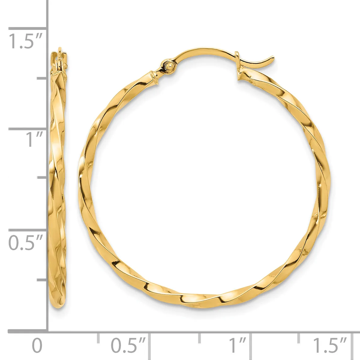 Gold twisted hoop earrings with hinged posts, displayed against a measurement scale showing approximately 1.5 inches in length.