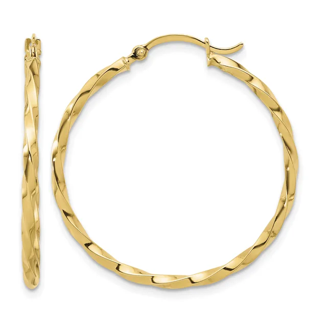 Pair of gold hoop earrings with twisted texture and hinged posts, shown from front and side views.