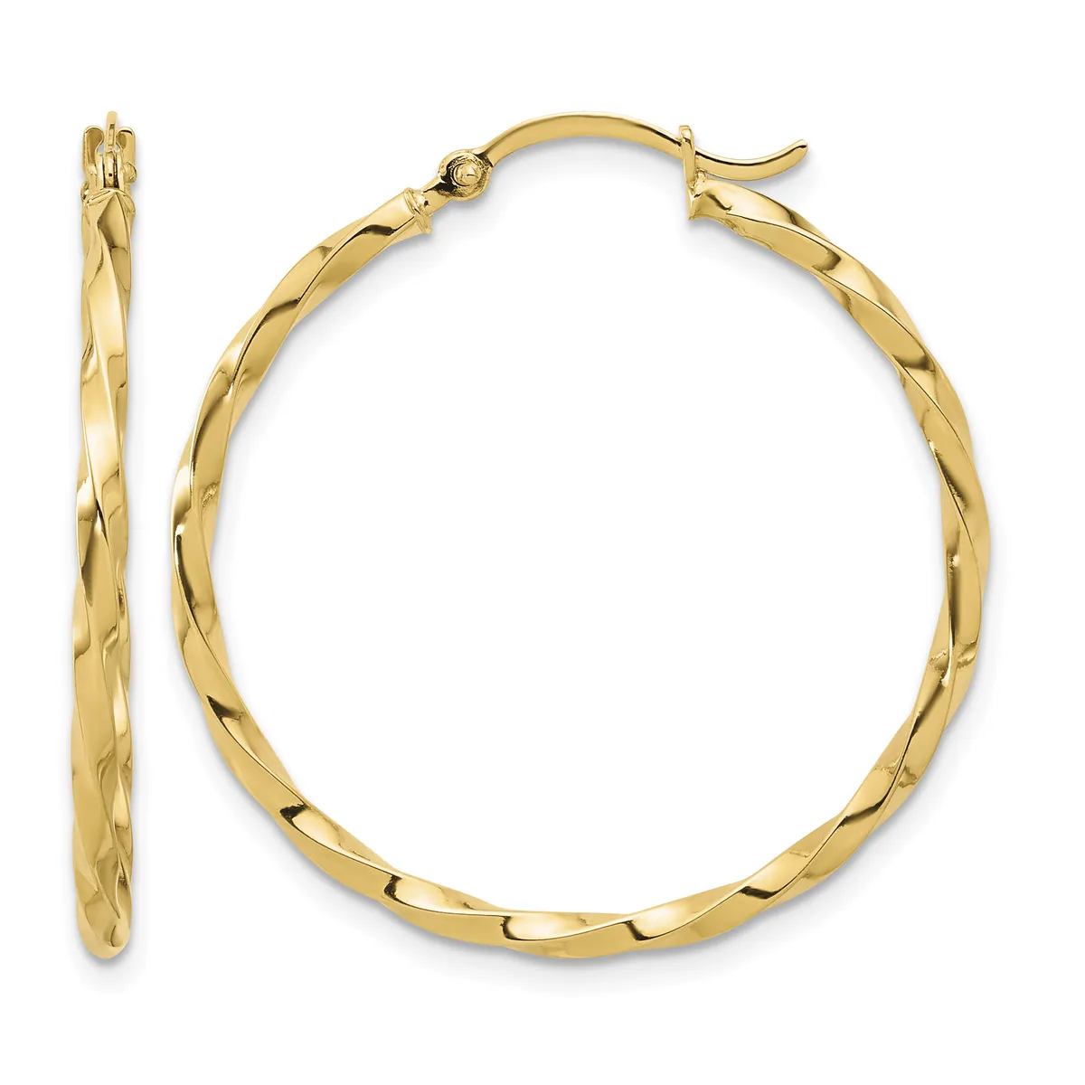 Pair of gold hoop earrings with twisted texture and hinged posts, shown from front and side views.