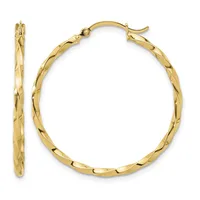 Pair of gold hoop earrings with twisted texture and hinged posts, shown from front and side views.