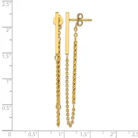 Pair of gold chain dangle earrings with textured and smooth chain segments, displayed against a ruler showing approximately 2.25 inches in length.