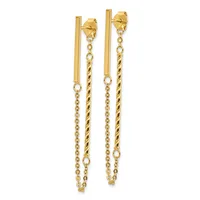 Pair of gold drop earrings with polished vertical bars attached to twisted rope-textured chains and small link chains, shown against a white background.
