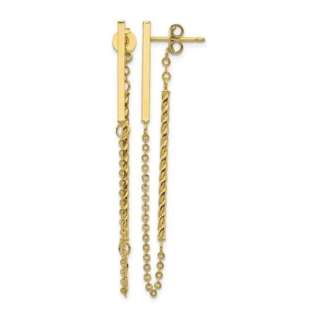 A pair of gold dangle earrings with twisted and cable chain drops hanging from rectangular posts with stud backs.