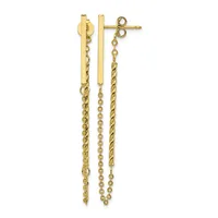 A pair of gold dangle earrings with twisted and cable chain drops hanging from rectangular posts with stud backs.