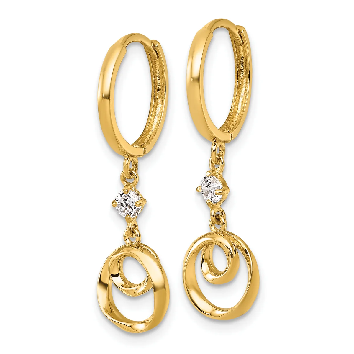 Pair of gold hoop earrings with diamond accents and dangling oval-shaped gold charms below.