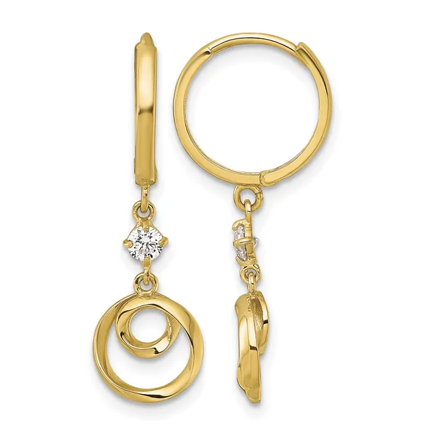 Pair of gold hoop earrings with dangling circular motifs and diamond accents, shown from front and side views.