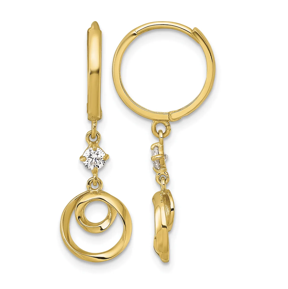 Pair of gold hoop earrings with dangling circular motifs and diamond accents, shown from front and side views.
