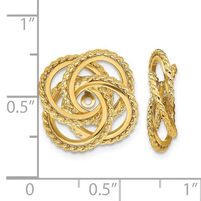 A pair of gold textured knot-style earrings shown from front and side views next to a measurement scale.