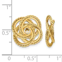 A pair of gold textured knot-style earrings shown from front and side views next to a measurement scale.