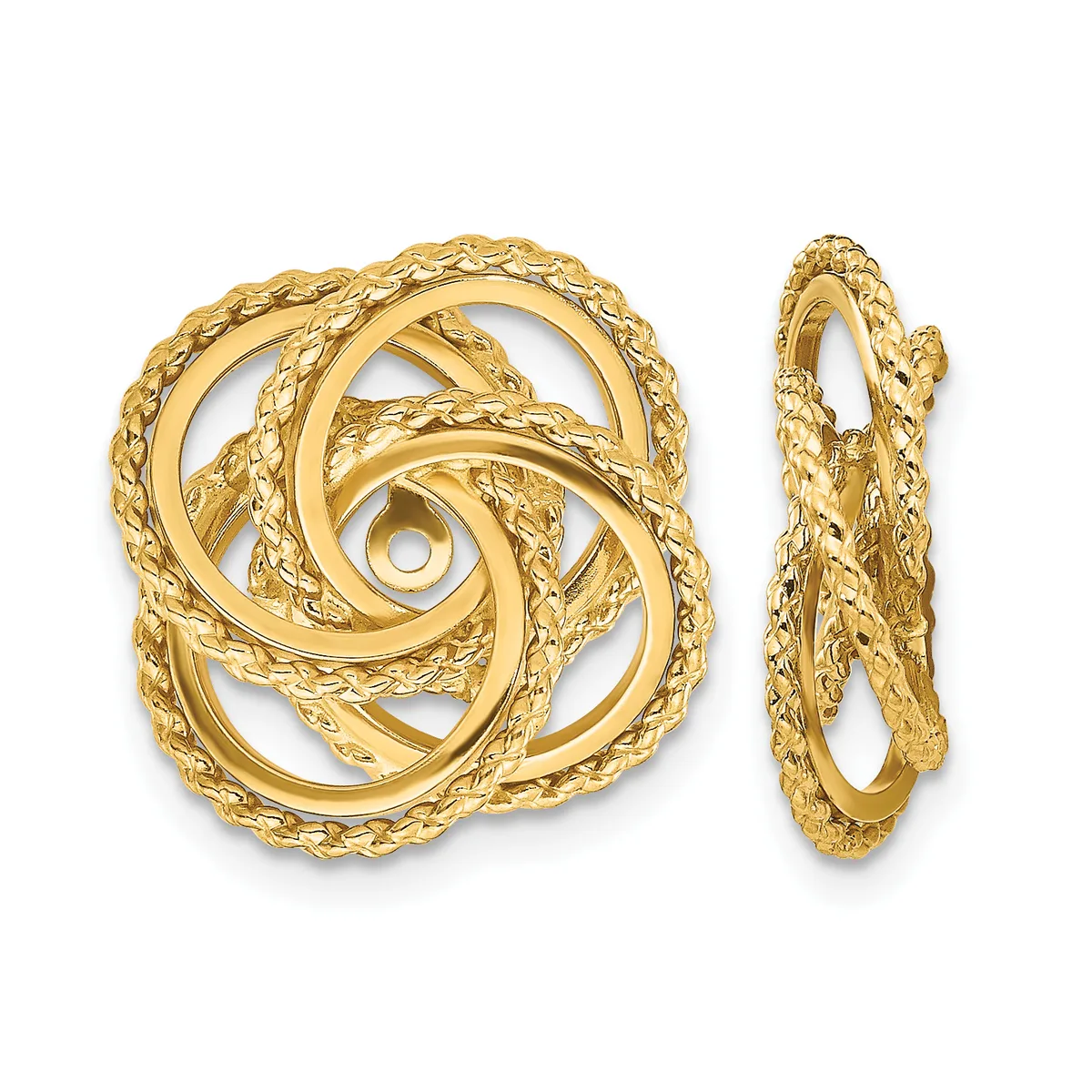 Pair of textured gold earrings with interlocking circular designs, shown from front and side views.