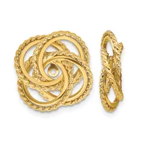 Pair of textured gold earrings with interlocking circular designs, shown from front and side views.