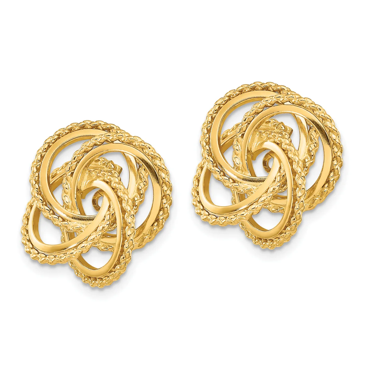 Pair of gold earrings with textured twisted spiral and swirl design, shown against a white background.