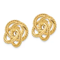 Pair of gold earrings with textured twisted spiral and swirl design, shown against a white background.