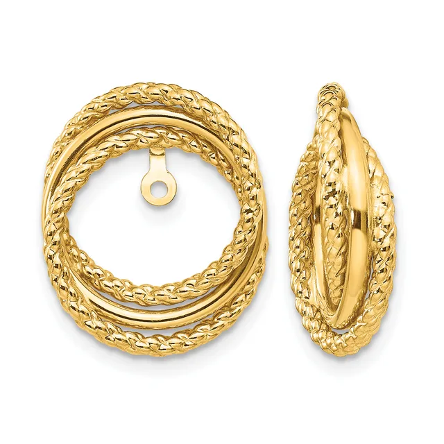 A pair of gold textured oval hoop earrings shown from front and side views, featuring braided pattern detail and post with clutch backs.
