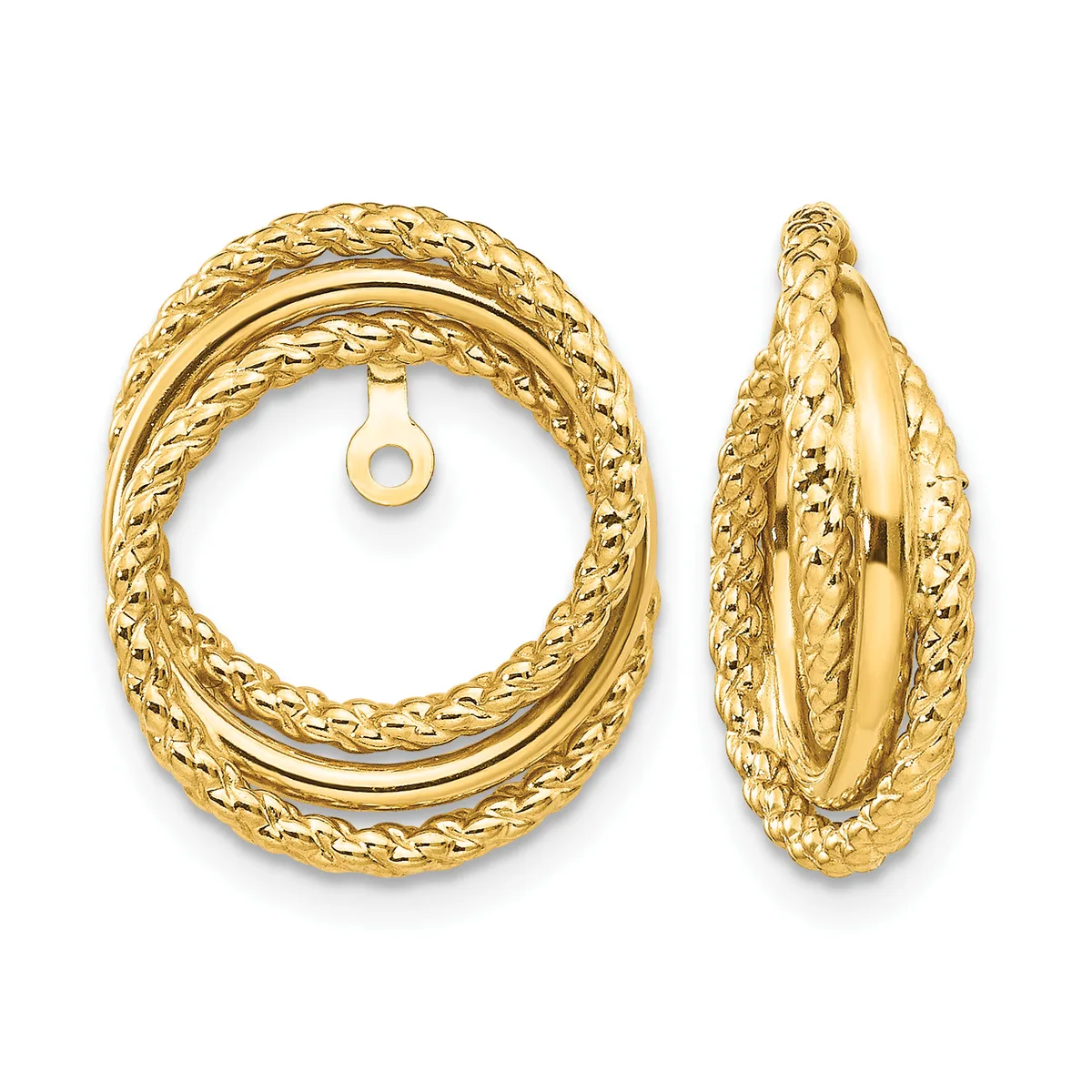 A pair of gold textured oval hoop earrings shown from front and side views, featuring braided pattern detail and post with clutch backs.