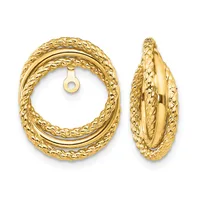 A pair of gold textured oval hoop earrings shown from front and side views, featuring braided pattern detail and post with clutch backs.