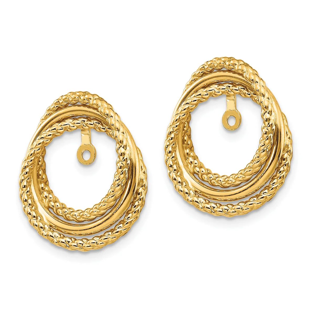 A pair of textured gold oval hoop earrings with nested concentric rings and small post backs, displayed side by side against a white background.