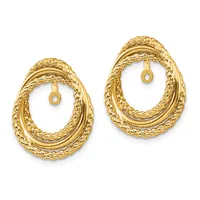 A pair of textured gold oval hoop earrings with nested concentric rings and small post backs, displayed side by side against a white background.