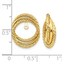 Gold textured oval hoop earrings with braided pattern shown front and side view next to a measurement ruler.