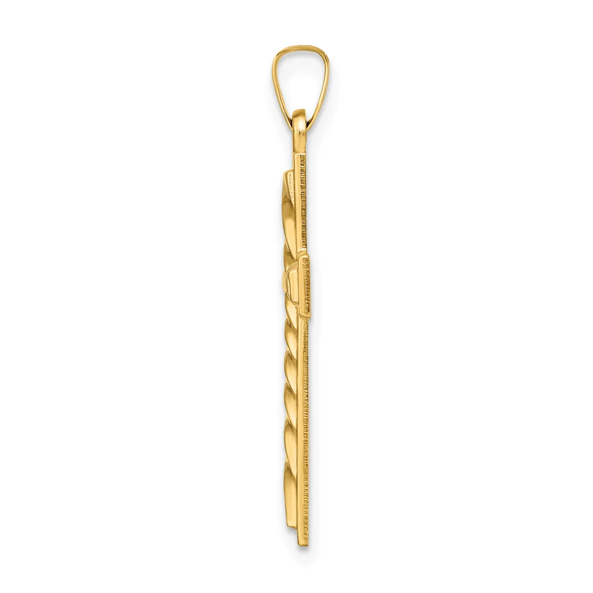 A long, thin gold pendant with a twisted rope texture and a small loop at the top, shown vertically against a white background.