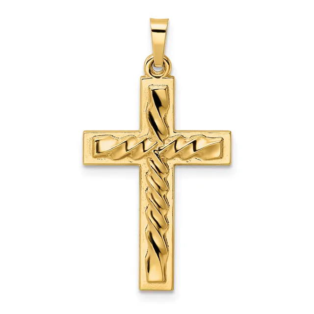 A gold cross pendant with a twisted rope pattern running vertically through the center, shown against a white background.
