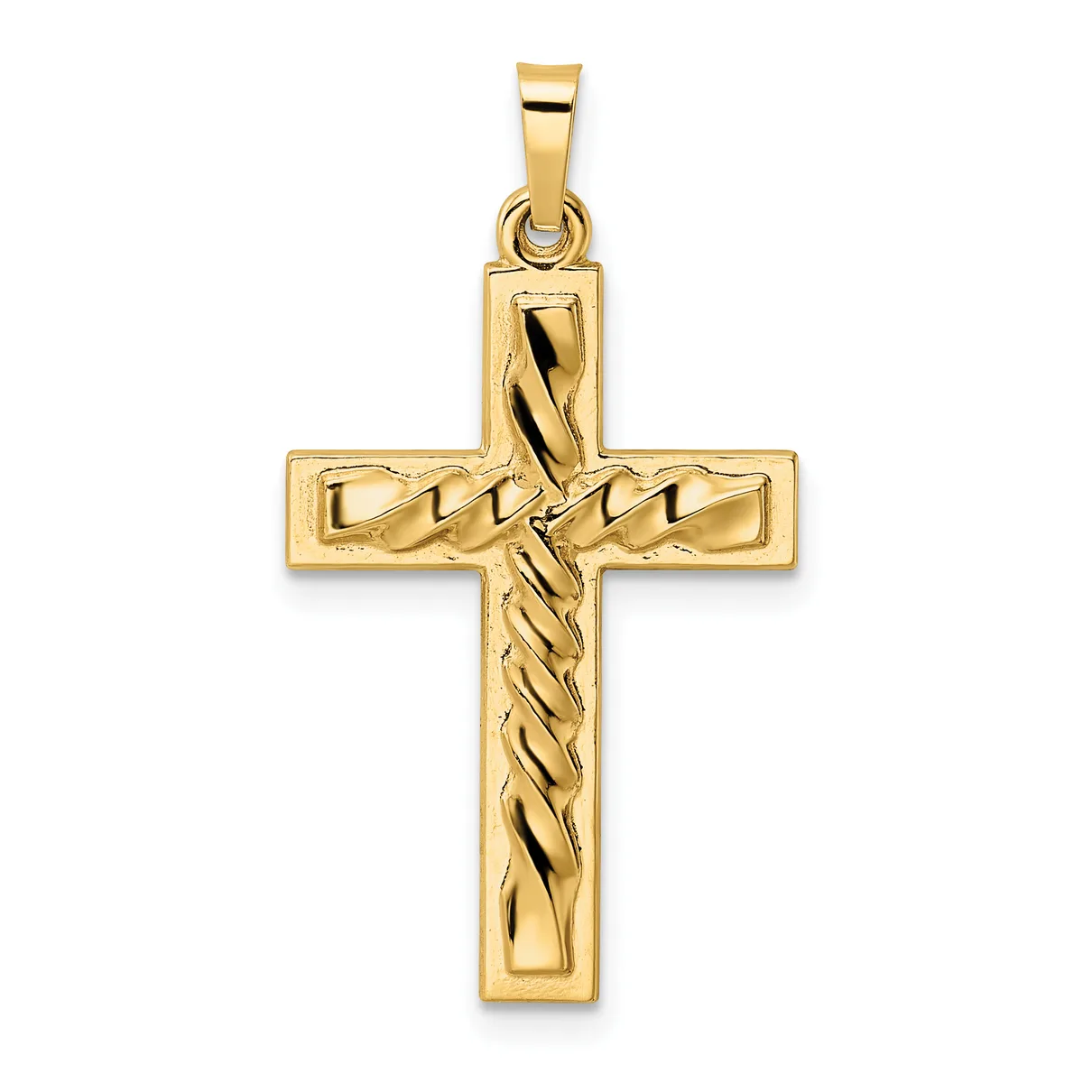 A gold cross pendant with a twisted rope pattern running vertically through the center, shown against a white background.