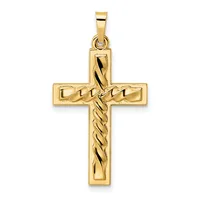 A gold cross pendant with a twisted rope pattern running vertically through the center, shown against a white background.