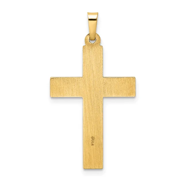 A gold cross pendant with a brushed finish and a small stamped hallmark on the lower vertical arm, suspended from a rectangular bail.