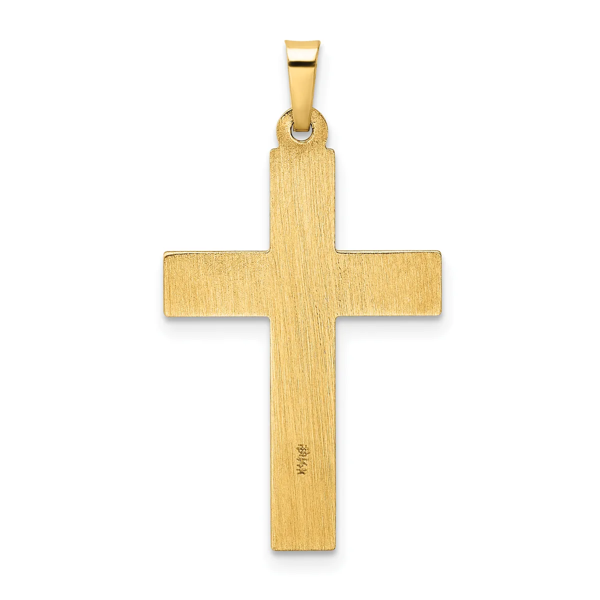 A gold cross pendant with a brushed finish and a small stamped hallmark on the lower vertical arm, suspended from a rectangular bail.