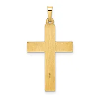 A gold cross pendant with a brushed finish and a small stamped hallmark on the lower vertical arm, suspended from a rectangular bail.