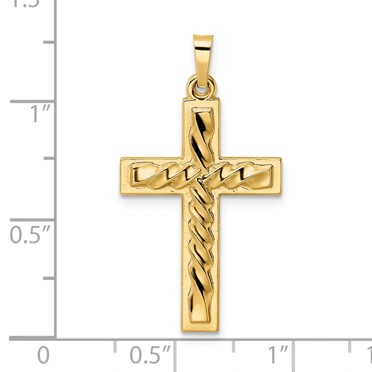 A gold cross pendant with a twisted rope pattern through the center, shown against a measurement scale indicating approximately one inch in height.
