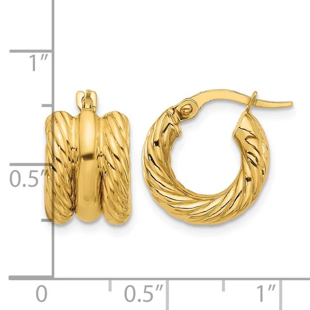 Pair of gold hoop earrings with twisted ribbed texture, shown at actual size with measurement scale indicating approximately one inch in diameter.