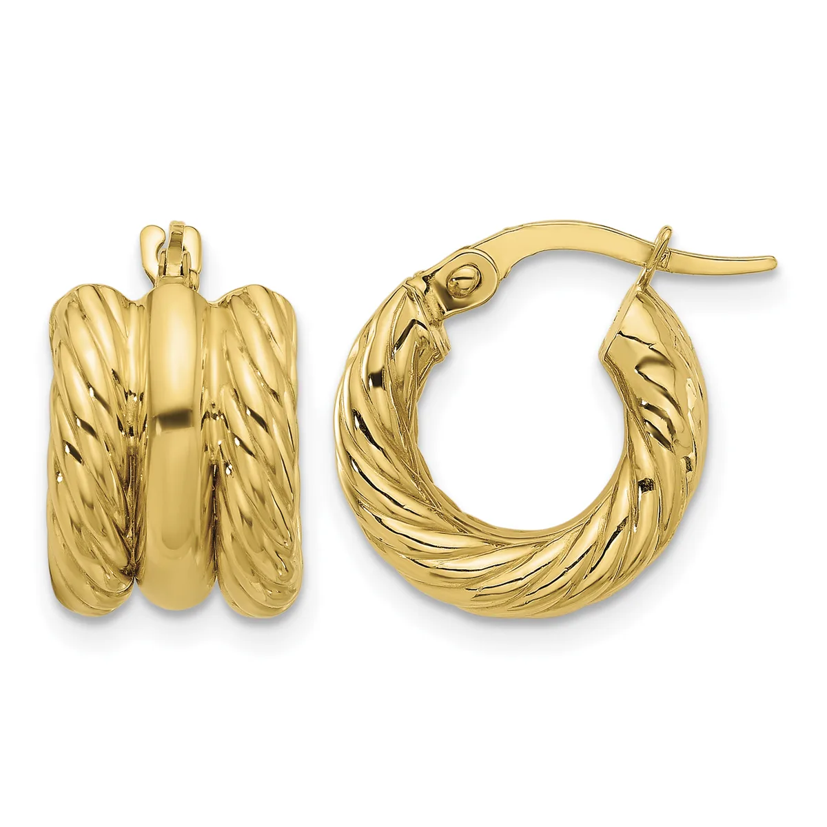 Pair of gold hoop earrings with twisted and ridged surface texture, shown from front and side views.