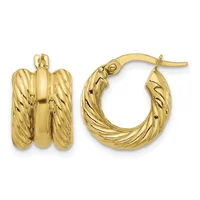 Pair of gold hoop earrings with twisted and ridged surface texture, shown from front and side views.