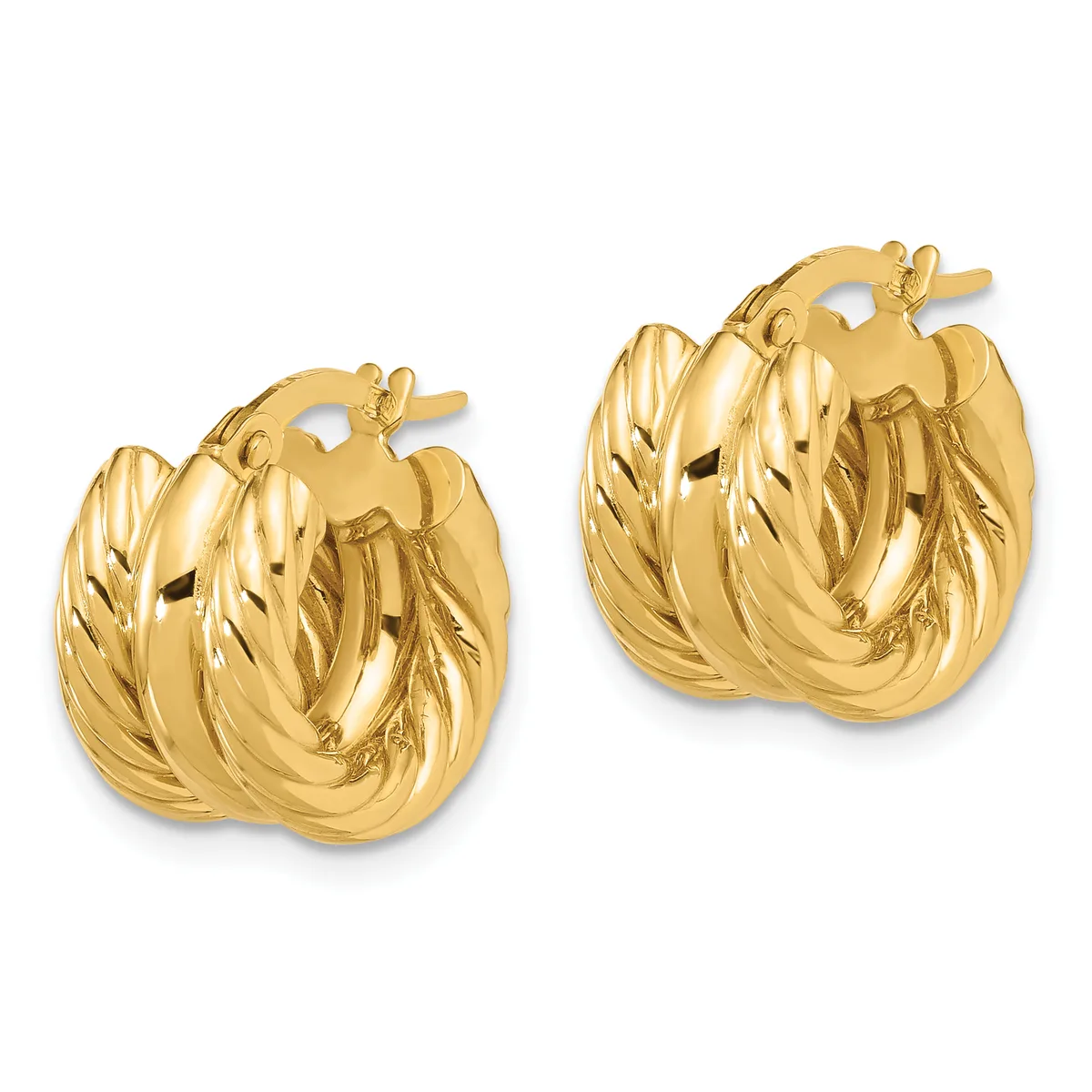 A pair of gold twisted hoop earrings with post and clutch backs, shown from the front against a white background.