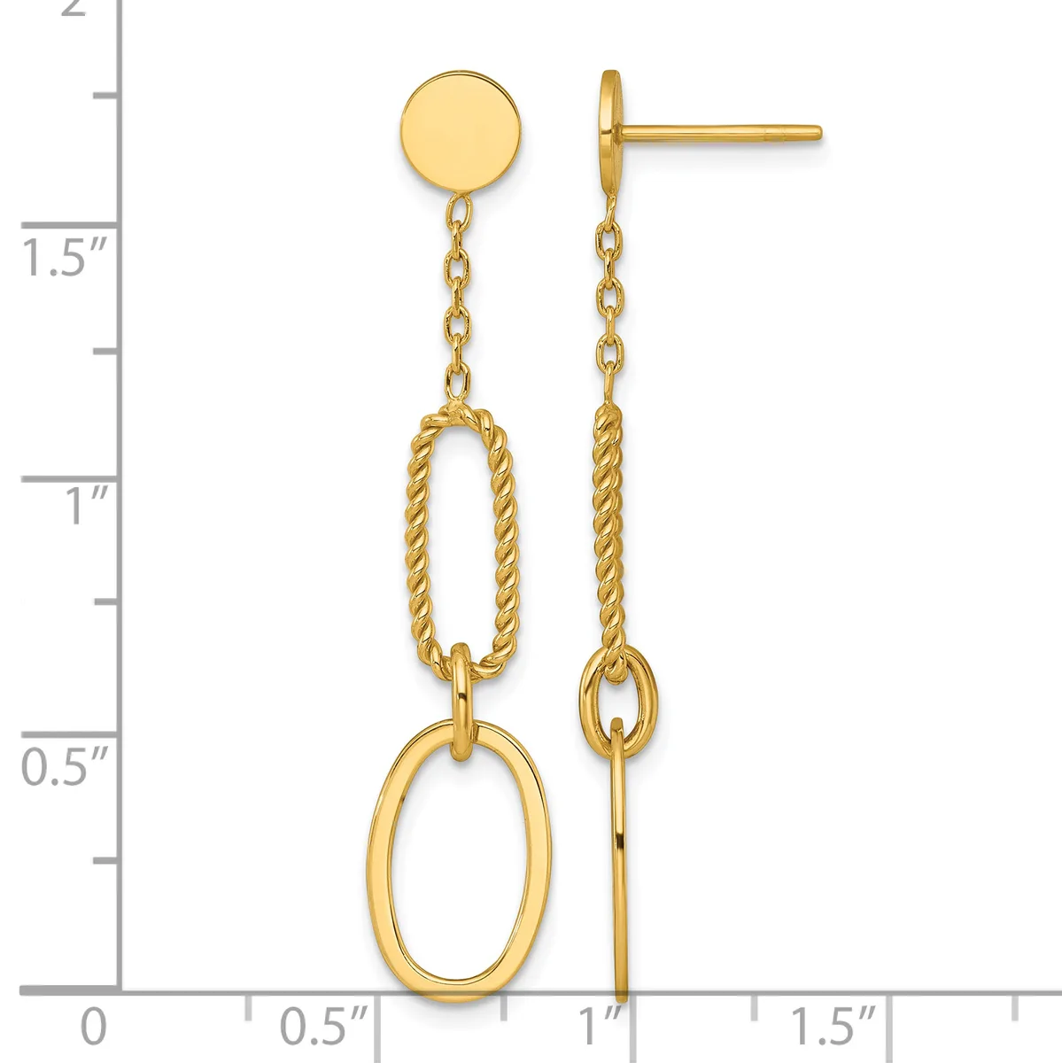 A pair of gold dangle earrings with twisted oval links and flat circular tops, displayed against a measurement scale showing approximately 1.5 inches in length.