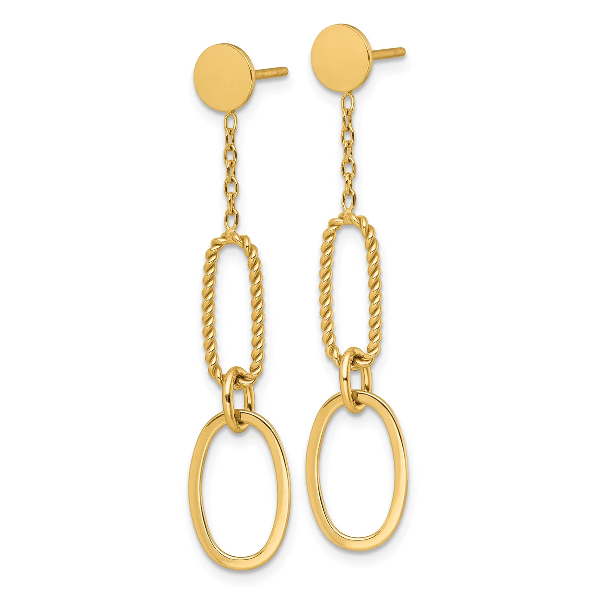 Pair of gold dangle earrings with flat circular studs, twisted oval links, and smooth oval charms suspended from chains.