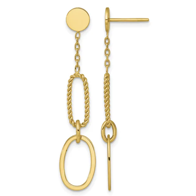 Pair of gold dangle earrings with a flat circular post top, chain, twisted oval loop, and elongated oval drop, shown from front and back views.